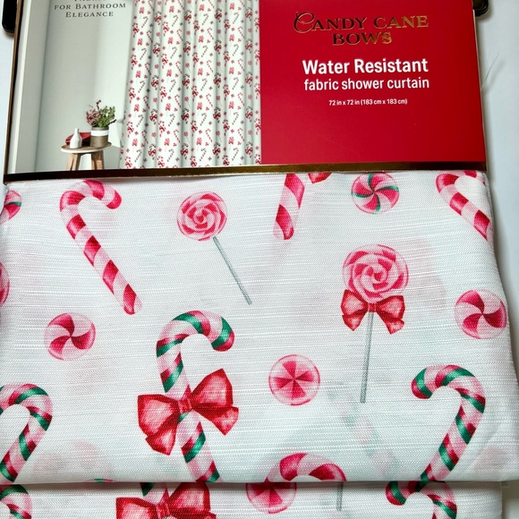 Christmas Candy Cane Bows Fabric Shower Curtain Pink Red Pinkmas Ribbons Sweets - Picture 9 of 9